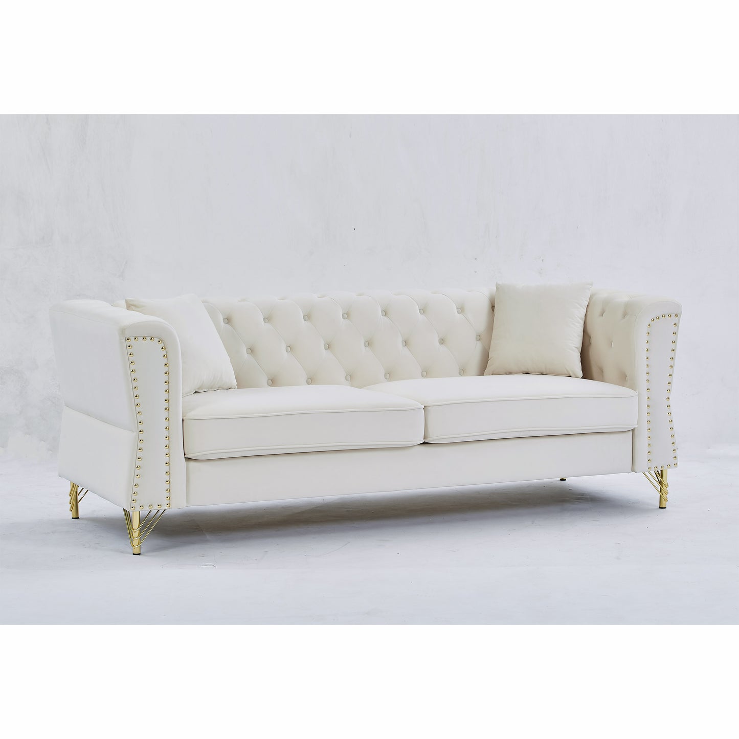 3-seater + 2-seater Combination Sofa Tufted Couch with Rolled Arms and Nailhead for Living Room, Bedroom, Office, Apartment, four pillows