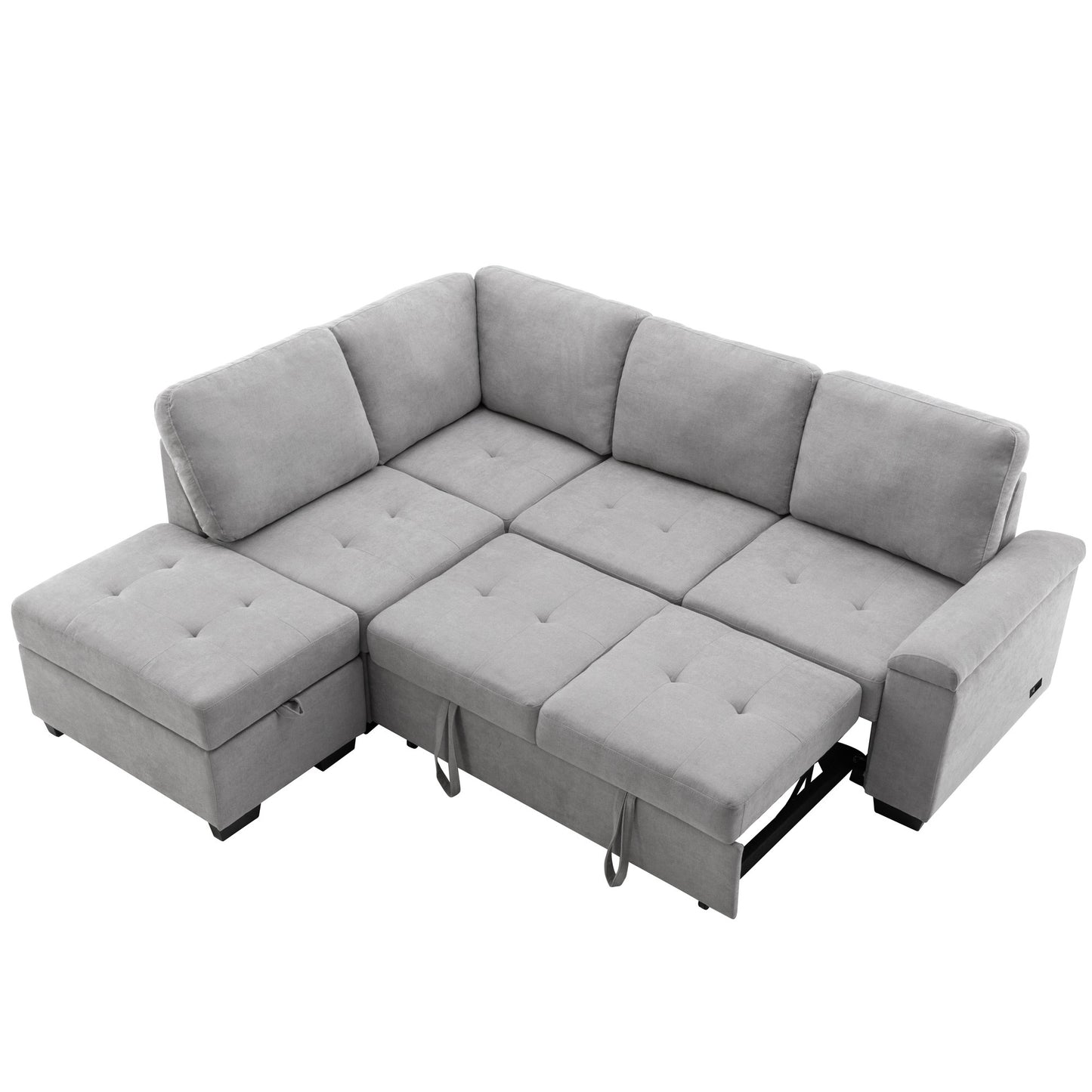 Sleeper Sectional Sofa, L-Shape Corner Couch Sofa-Bed with Storage Ottoman & Hidden Arm Storage & USB Charge for Living Room Apartment, Gray