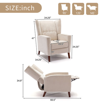 Mid Century Chenille Wingback Recliner Chair, Button Tufted Design Pushback Recliner Chair with Armrest and Solid Wood Legs, for Bedroom Living Room, Tan