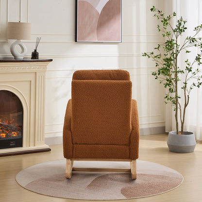 27.2"W Rocking Chair for Nursery, Sherpa Glider Chair with High Back and Side Pocket, Rocking Accent Armchair with Rubber Wood Legs for Living Room/Bedroom.Caramel