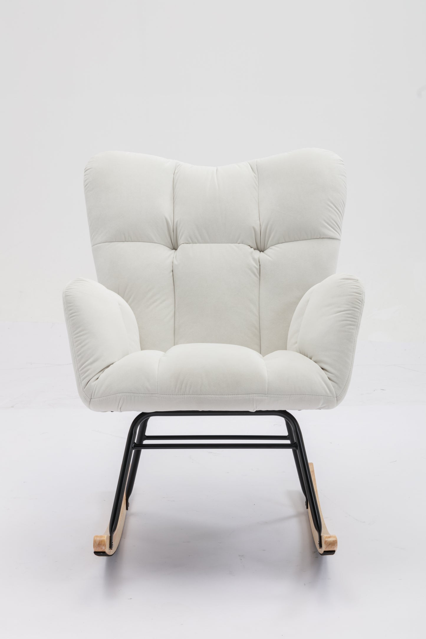 Mid Century Modern Velvet Tufted Upholstered Rocking Chair Padded Seat for Living Room Bedroom, White