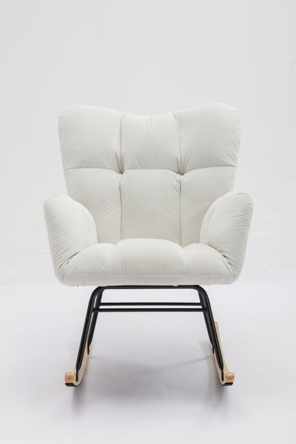 Mid Century Modern Velvet Tufted Upholstered Rocking Chair Padded Seat for Living Room Bedroom, White