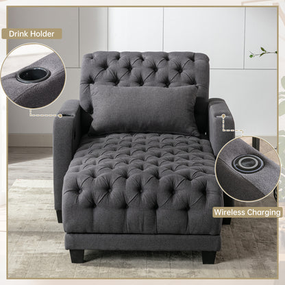 Multifunctional Living Room Leisure Chaise Lounge Barry Tufted Comfy Armchair Wireless Charging, Smooth Reclining Backrest & Lumbar Pillow for Home Apartment (Dark Grey linen)