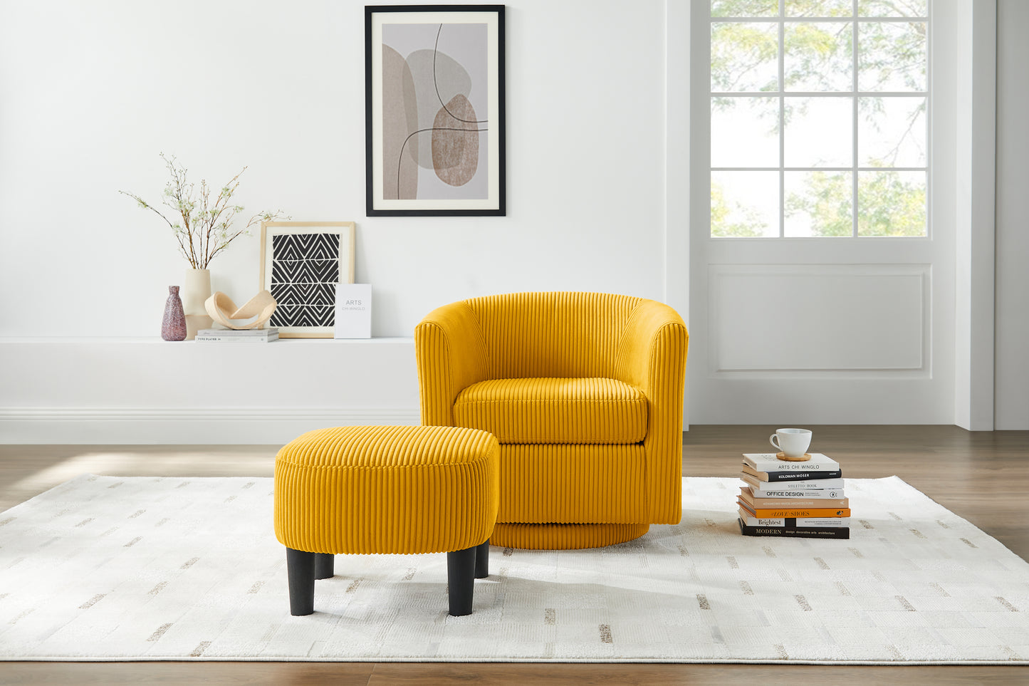 Swivel Accent Chair 360° Comfy Recliner Corduroy Arm Chair Single Sofa with Ottoman for Living Room Bedroom,Yellow