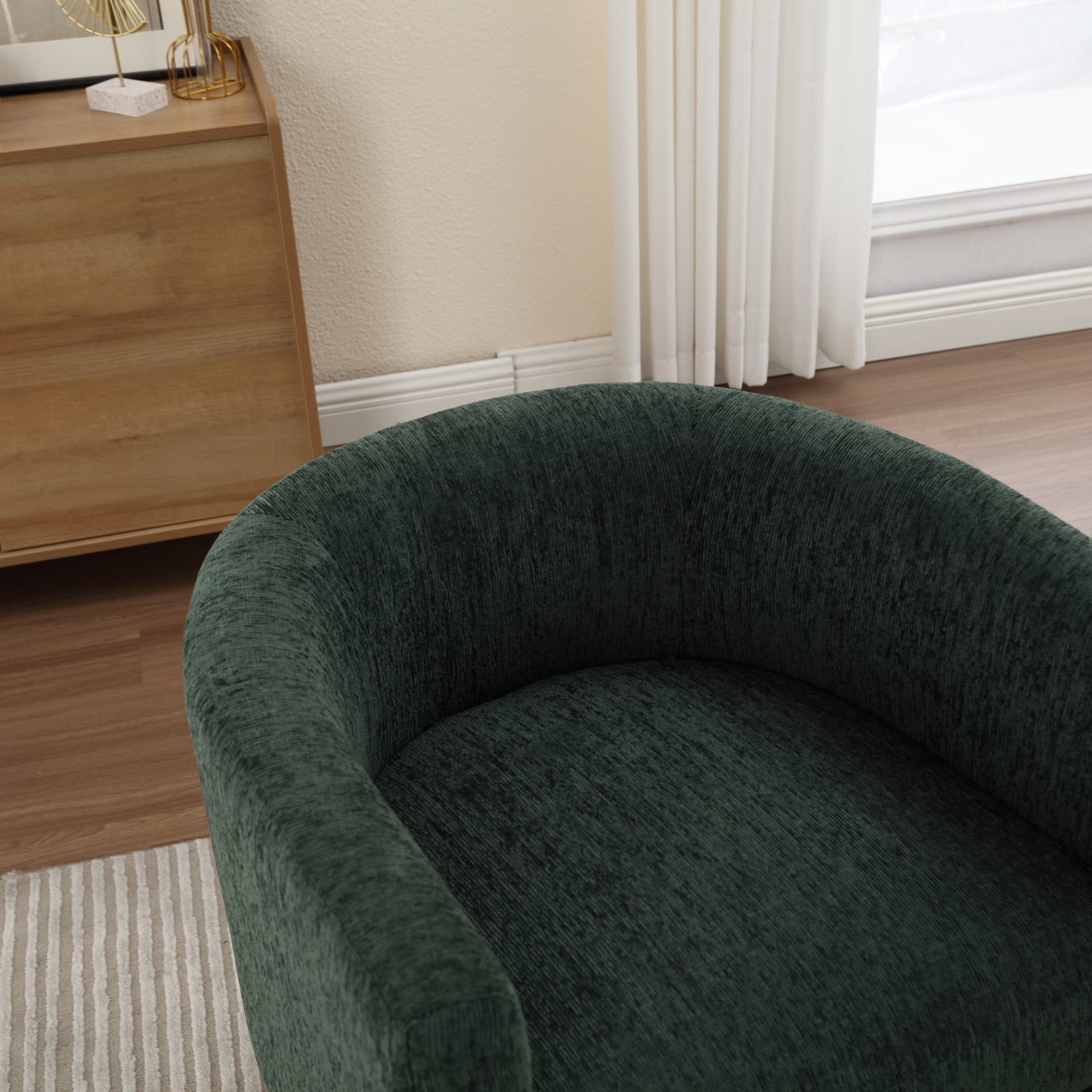 Barrel Accent Chair, Mid-Century Modern Living Room Chair, Upholstered Side Armchair with 3 Legs for Bedroom/Reading Spaces (Dark Green)