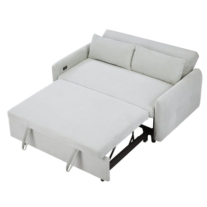 57.48" Pull-out Sofa Bed Convertible Couch 2 Seat Loveseat Sofa Modern Sleeper Sofa with Two Throw Pillows and USB Ports for Living Room, Light Blue