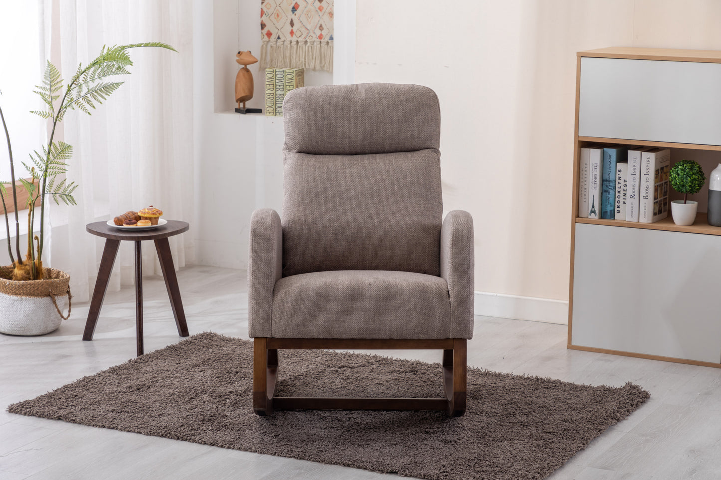 Rocking Chair, Modern Glider Chair, Recliner Armchair with Wood Legs and Side Pocket, Nursery Rocking Accent Chair with High Back for Living Room Bedroom (Grey linen)