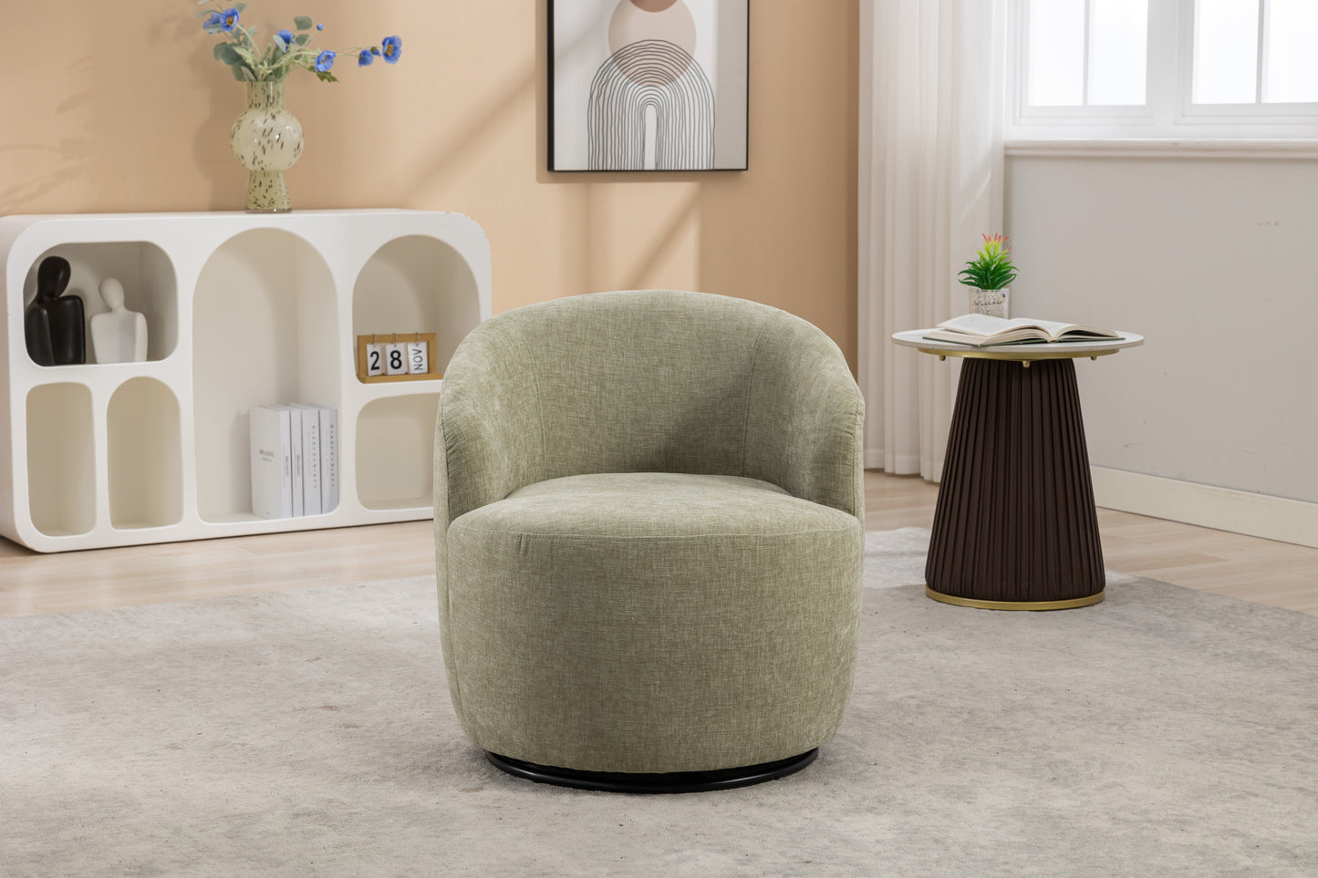 037-Chenille Fabric Swivel Accent Armchair Barrel Chair With Black Powder Coating Metal Ring,Light Green