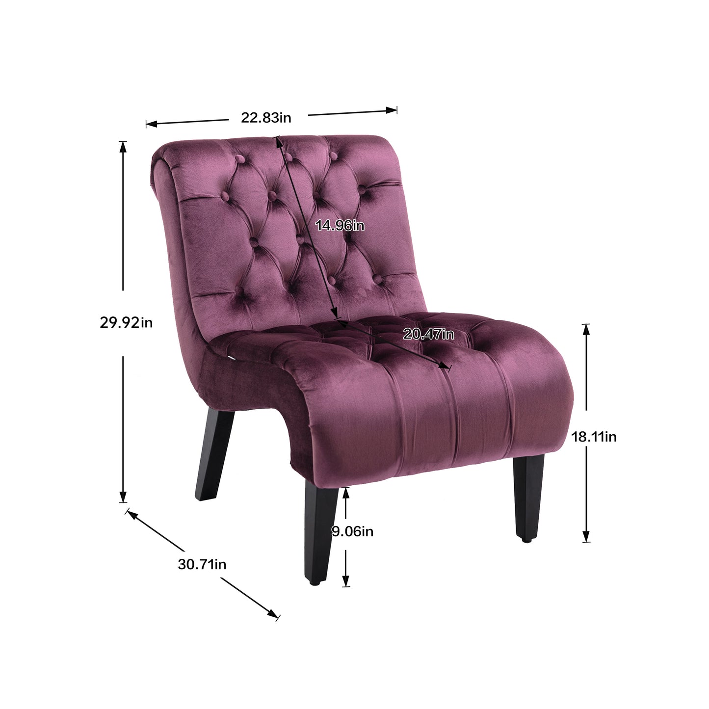 Modern Velvet Armless Accent Living Room Chair / Leisure Chair,Upholstered Fabric Button Comfortable Chair with Wooden Legs for Bedroom, Living Room, Office (Purple Velvet)