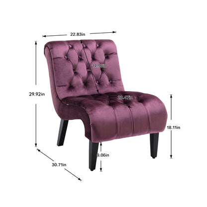 Modern Velvet Armless Accent Living Room Chair / Leisure Chair,Upholstered Fabric Button Comfortable Chair with Wooden Legs for Bedroom, Living Room, Office (Purple Velvet)