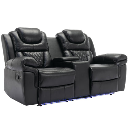 Home Theater Seating Manual Recliner Loveseat with Hide-Away Storage, Cup Holders and LED Light Strip for Living Room, Black