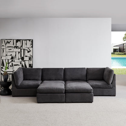 Modular Sofa with Ottoman,Filled with Down,Soft Linen Fabric,Dark Grey