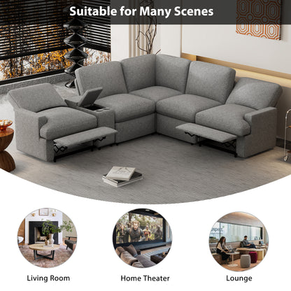 104'' Power Recliner Corner Sofa Home Theater Reclining Sofa Sectional Couches with Storage Box, Cup Holders, USB Ports and Power Socket for Living Room, Grey