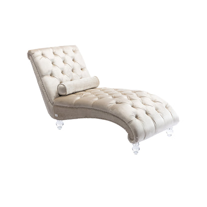 Velvet Chaise Lounge Indoor,Button-Tufted Upholstered Chaise Lounge Chair with Pillow for Bedroom Living Room Office (Beige Velvet)