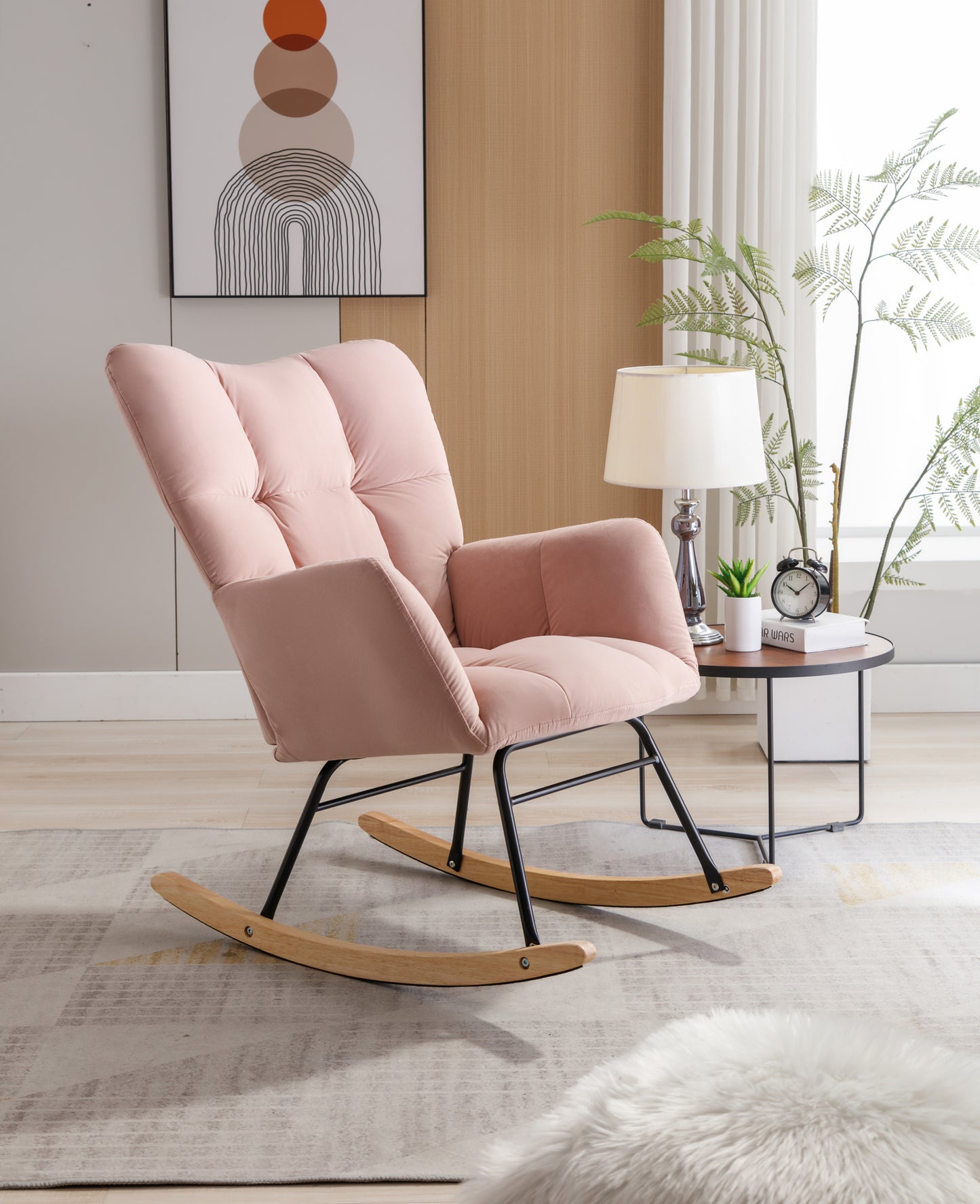 Mid Century Modern Velvet Tufted Upholstered Rocking Chair Padded Seat for Living Room Bedroom, Pink