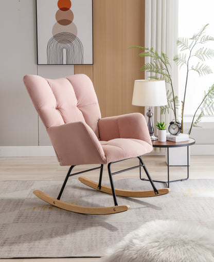 Mid Century Modern Velvet Tufted Upholstered Rocking Chair Padded Seat for Living Room Bedroom, Pink