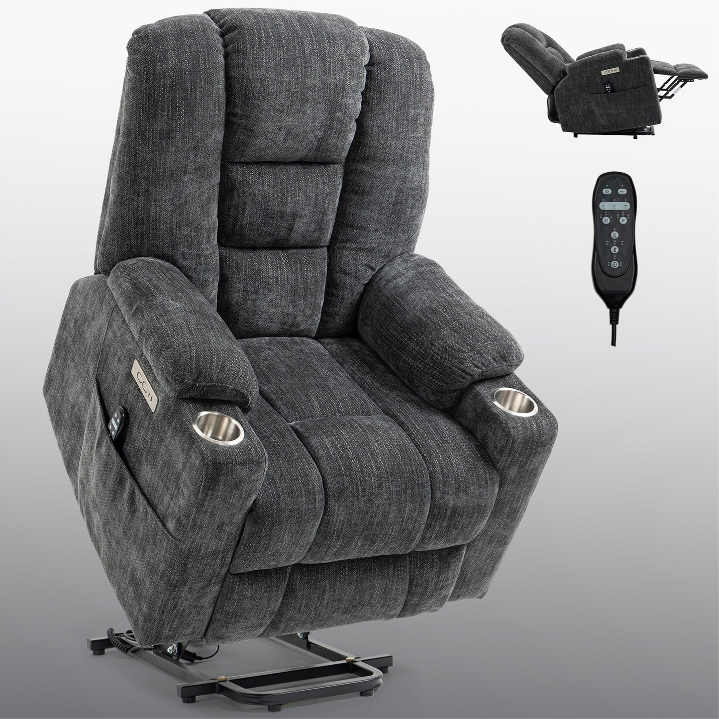 Large Power Lift Recliner Chair with Massage and Heat for Elderly, Overstuffed Wide Recliners, Heavy Duty Motion Mechanism with USB and Type C Ports, 2 Steel Cup Holders, Gray