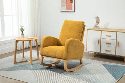 Rocking Chair, Modern Glider Chair, Recliner Armchair with Wood Legs and Side Pocket, Nursery Rocking Accent Chair with High Back for Living Room Bedroom (Mustard Yellow linen)