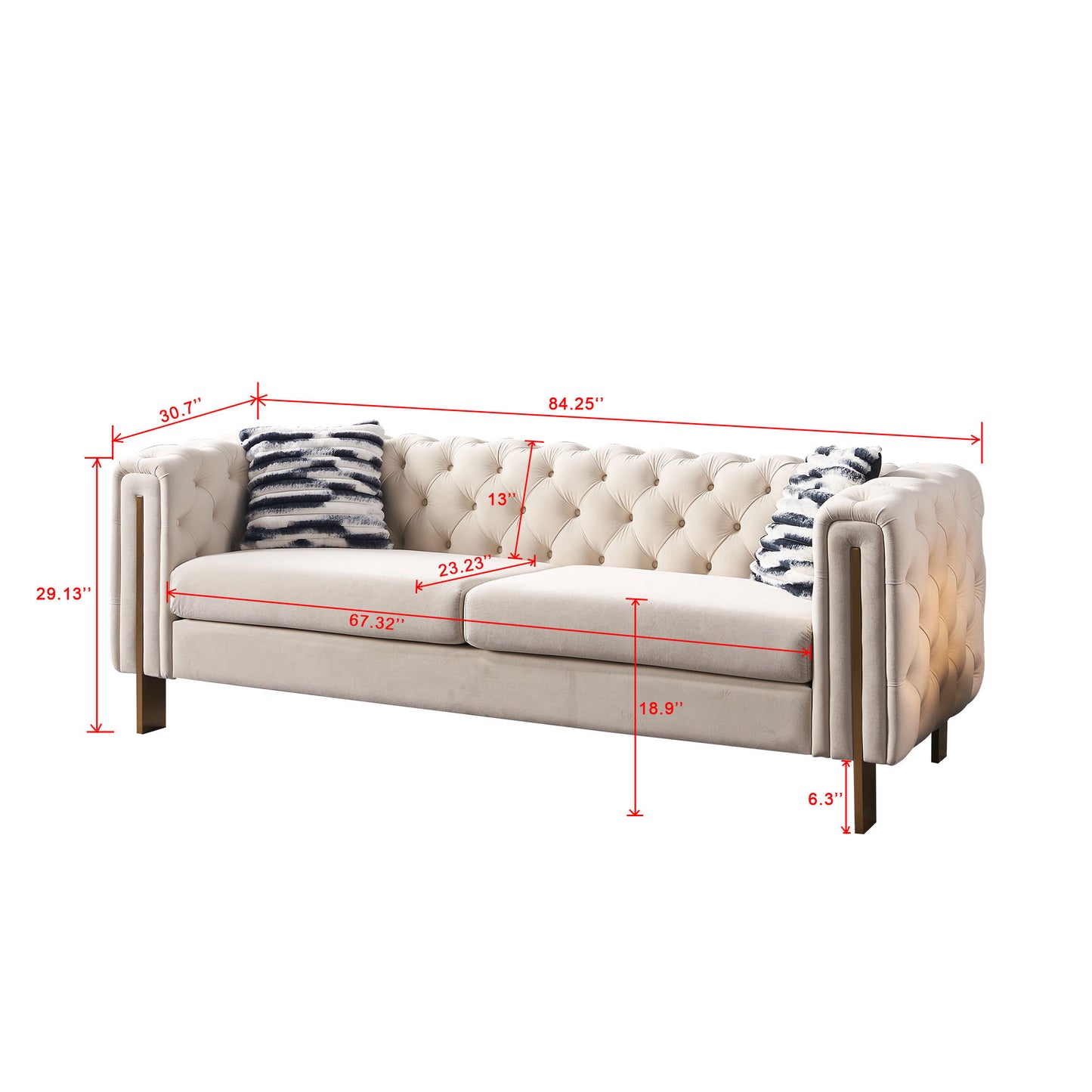 Modern Tufted Velvet Living Room Sofa, 84.25''W Couch,Cream