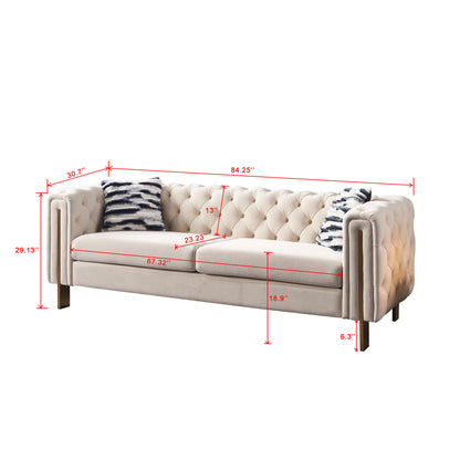 Modern Tufted Velvet Living Room Sofa, 84.25''W Couch,Cream