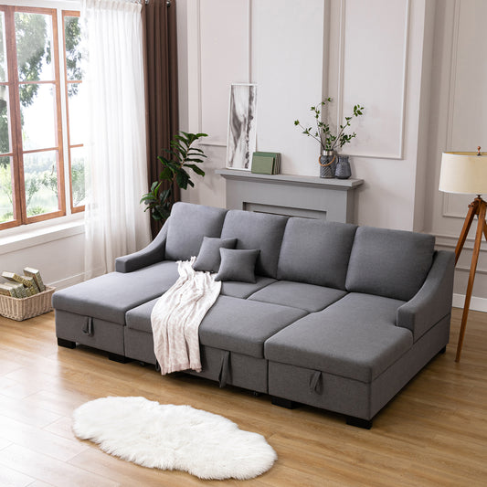 U_STYLE Upholstery Sleeper Sectional Sofa with Double Storage Spaces, 2 Tossing Cushions, Grey