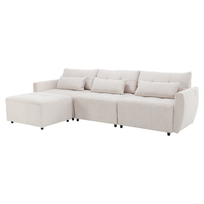 113.3" Convertible Sectional Sofa Couch 3-Seat L-Shaped Sofa with Movable Ottoman and USB for Apartment, Living Room, Bedroom, Beige