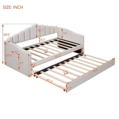 Twin size Upholstered Daybed with Trundle,Velvet Sofabed with USB Charging Ports,No Box-spring Needed,Beige