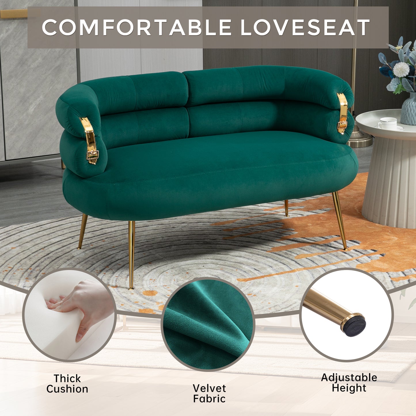 Small Loveseat Sofa, Upholstered Mini Couch with Curved Backrest with Stylish Golden Decor, Small Comfy Love Seat Leisure Accent Couch for Living Room, Bedroom, Office