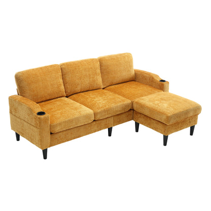 Sofa for three, solid wood frame, Chenille fabric, side pocket, with two cup holders, footstool with storagestorage sofa /Living room sofa cozy sectional sofa