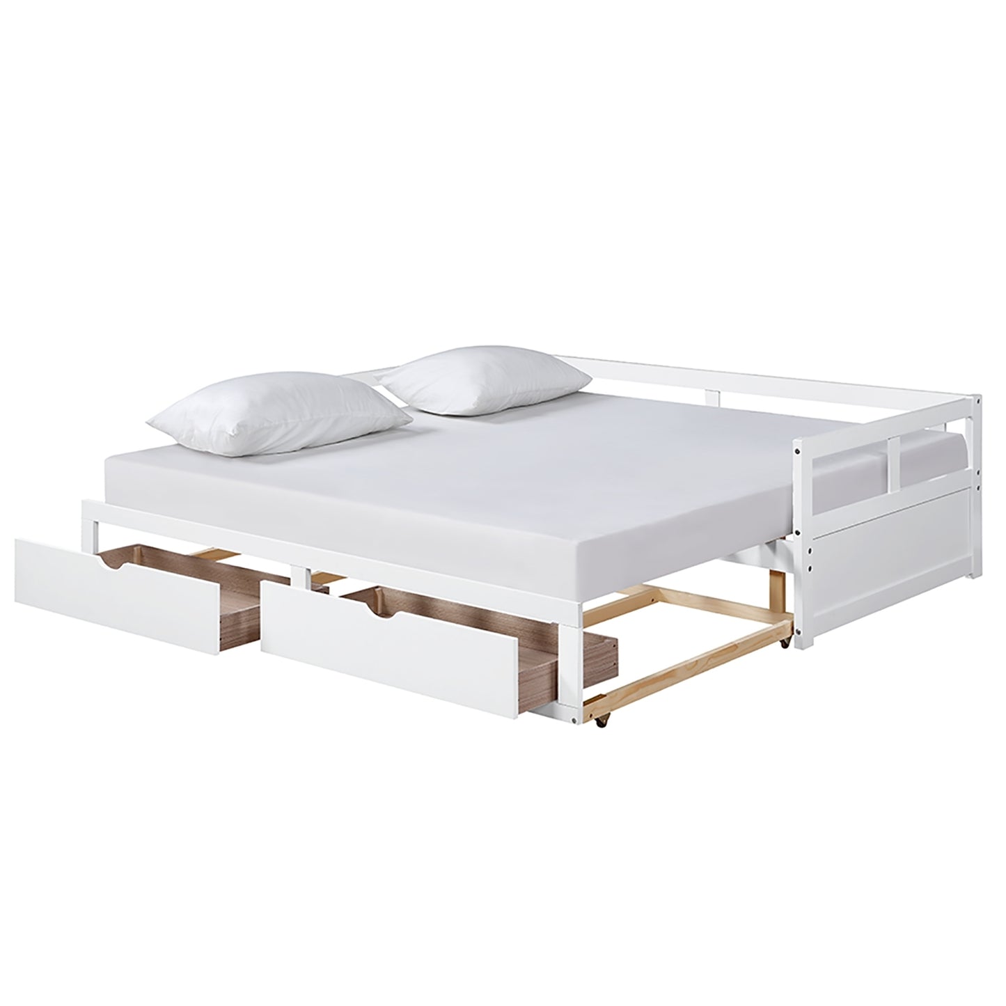 Wooden Daybed with Trundle Bed and Two Storage Drawers, Extendable Bed Daybed,Sofa Bed for Bedroom Living Room,White