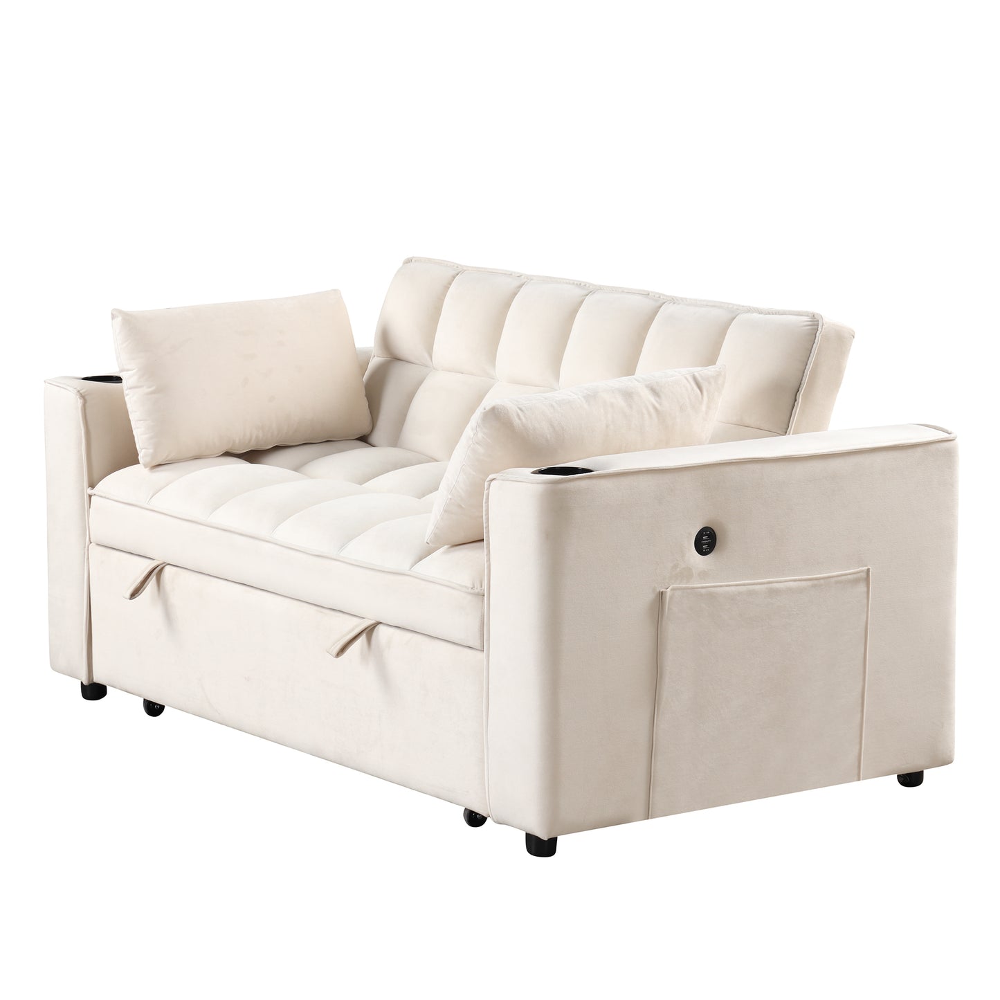 58" 4-1 Multi-functional Sofa Bed with Cup Holder and USB Port for Living Room or Apartments Milky White