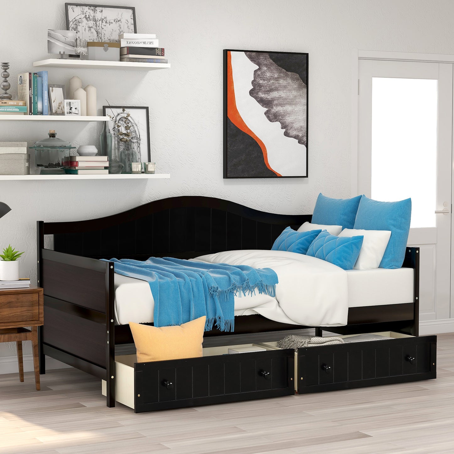 Wooden Daybed with 2 drawers, Sofa Bed for Bedroom Living Room,No Box Spring Needed,Espresso