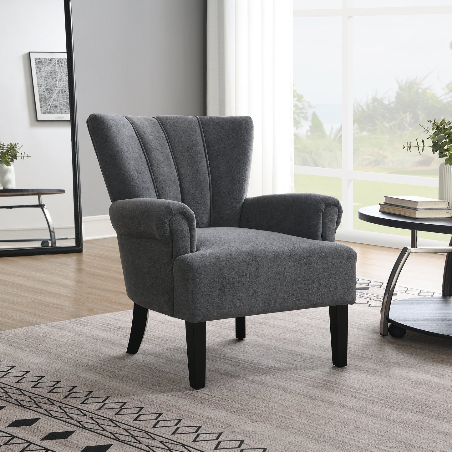 Modern Accent Living Room Chairs,Polyester Armchair Club Chair with channel back, Accent chair for Living room, Bedroom Reading room, soft fabric, wooden Leg, Dark Grey