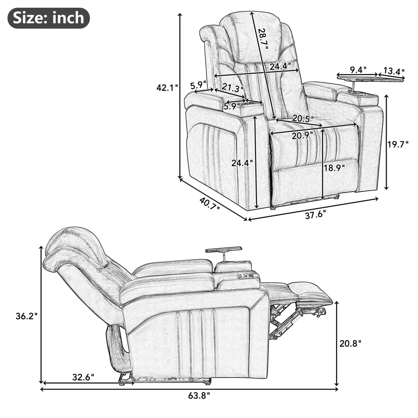 PU Leather Power Recliner Home Theater Recliner with Power Adjustable Headrest, Wireless Charging Device, USB Port, Storage Arms, Cup Holder and Swivel Tray Table for Living Room, Brown