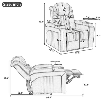 PU Leather Power Recliner Home Theater Recliner with Power Adjustable Headrest, Wireless Charging Device, USB Port, Storage Arms, Cup Holder and Swivel Tray Table for Living Room, Brown