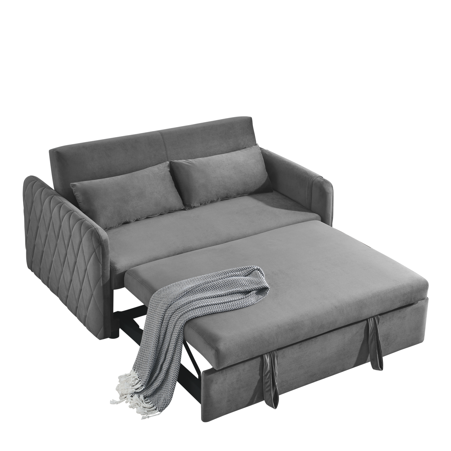 55" Modern Convertible Sofa Bed with 2 Detachable Arm Pockets, Velvet Loveseat Sofa with Pull Out Bed, 2 Pillows and Living Room Adjustable Backrest, Grid Design Armrests