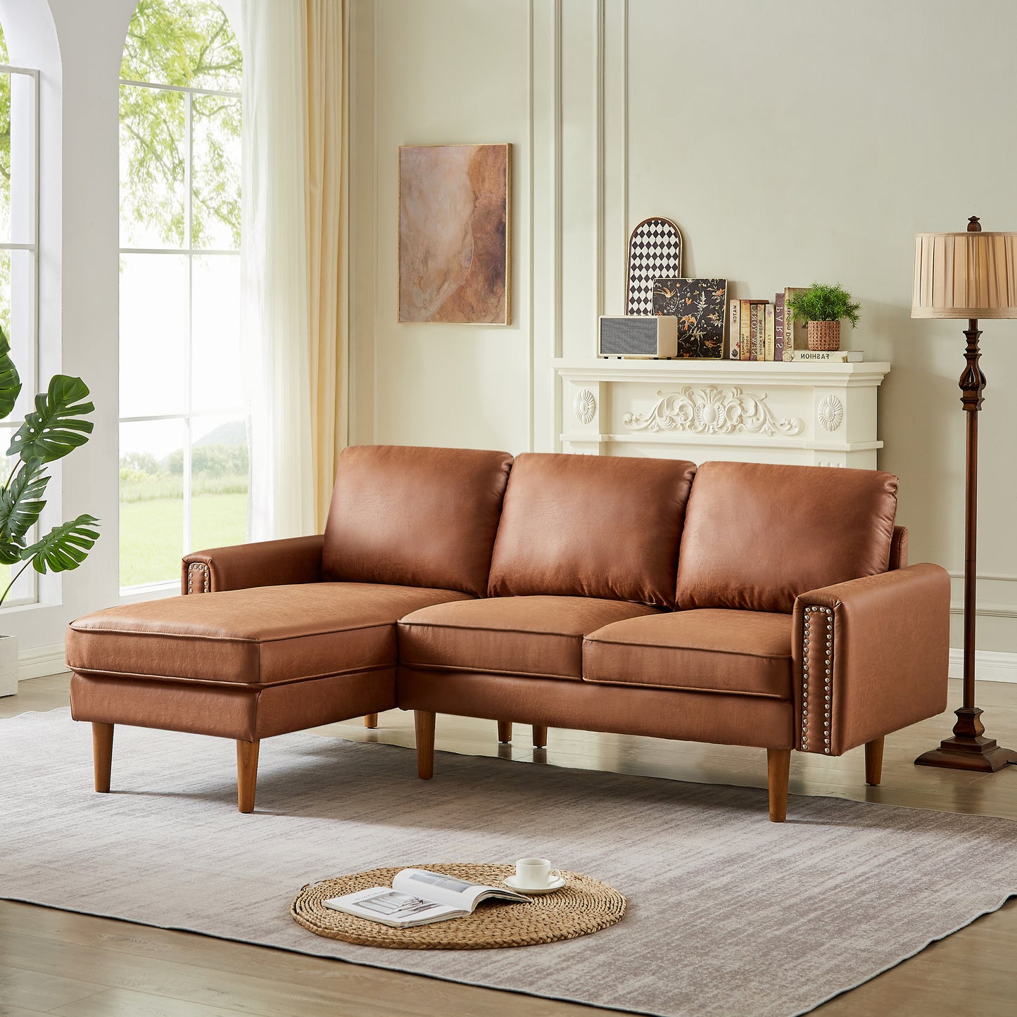 82.2"L-Shape Sofa Couch with Chais Mid-Century Copper Nail on Arms,strong wooden leg and suede fabric design that will complement any living space.Left Chaise, Brown