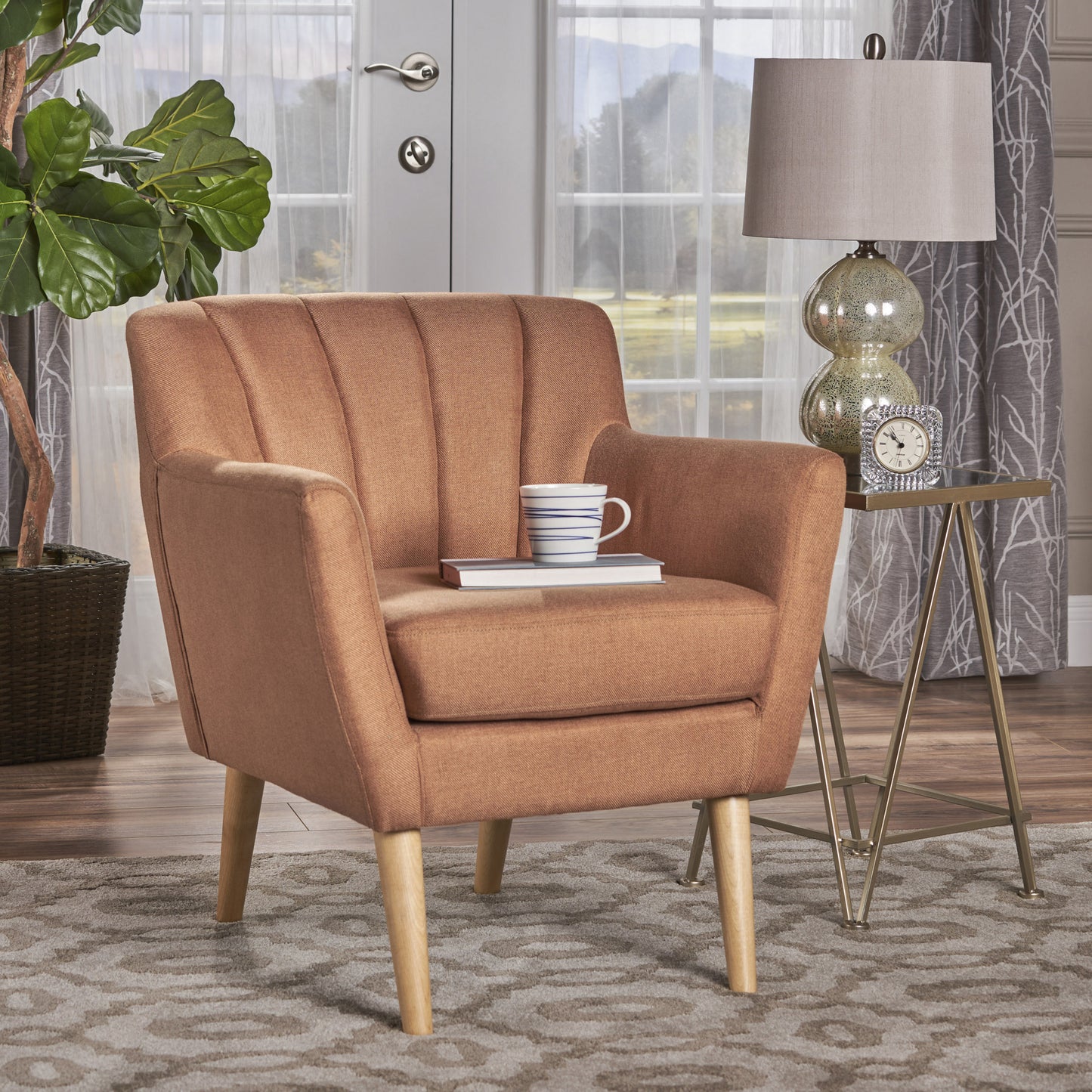 Mid-Century Modern Fabric Club Chair, Orange / Natural 27.6D x 28.3W x 31.5H in