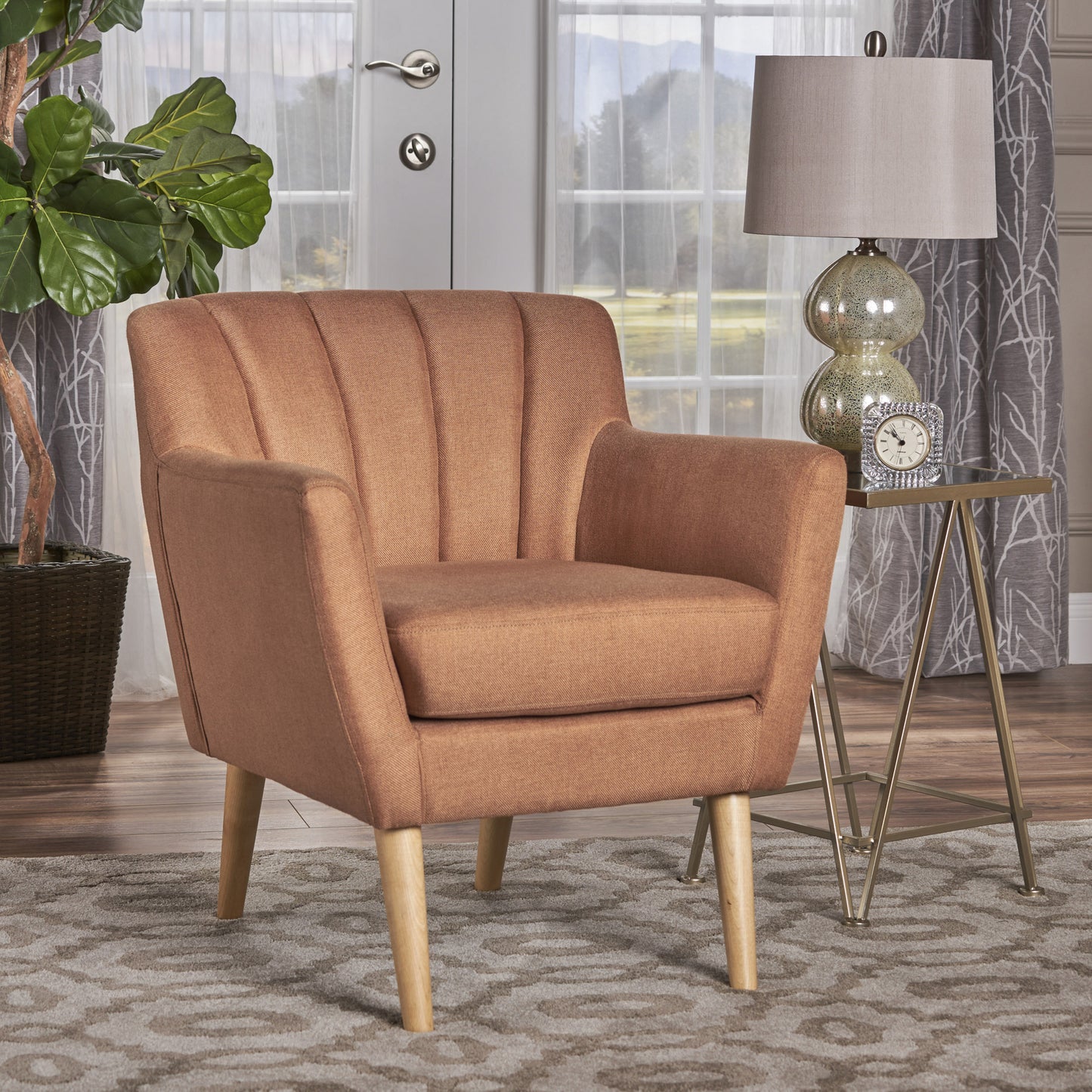 Mid-Century Modern Fabric Club Chair, Orange / Natural 27.6D x 28.3W x 31.5H in